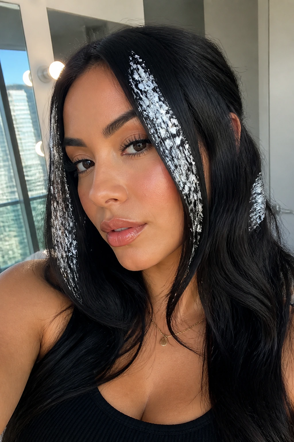 Raven hair with silver foil leaf highlights on front strands