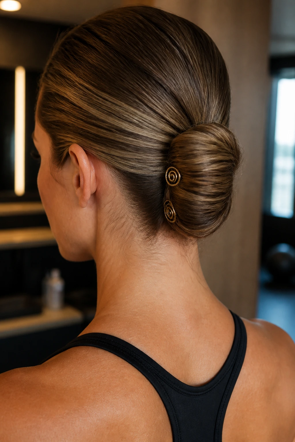 Real person wearing a double-folded chignon secured with spiral pins