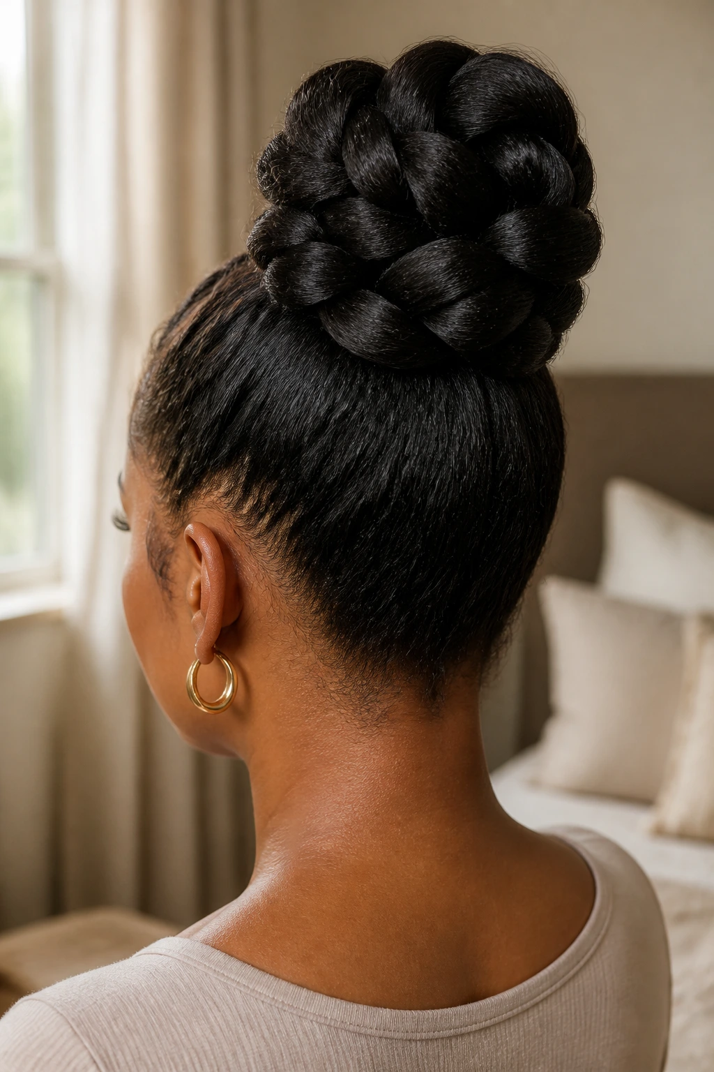 Rear three-quarter view of a folded goddess braid bun on a real person's head