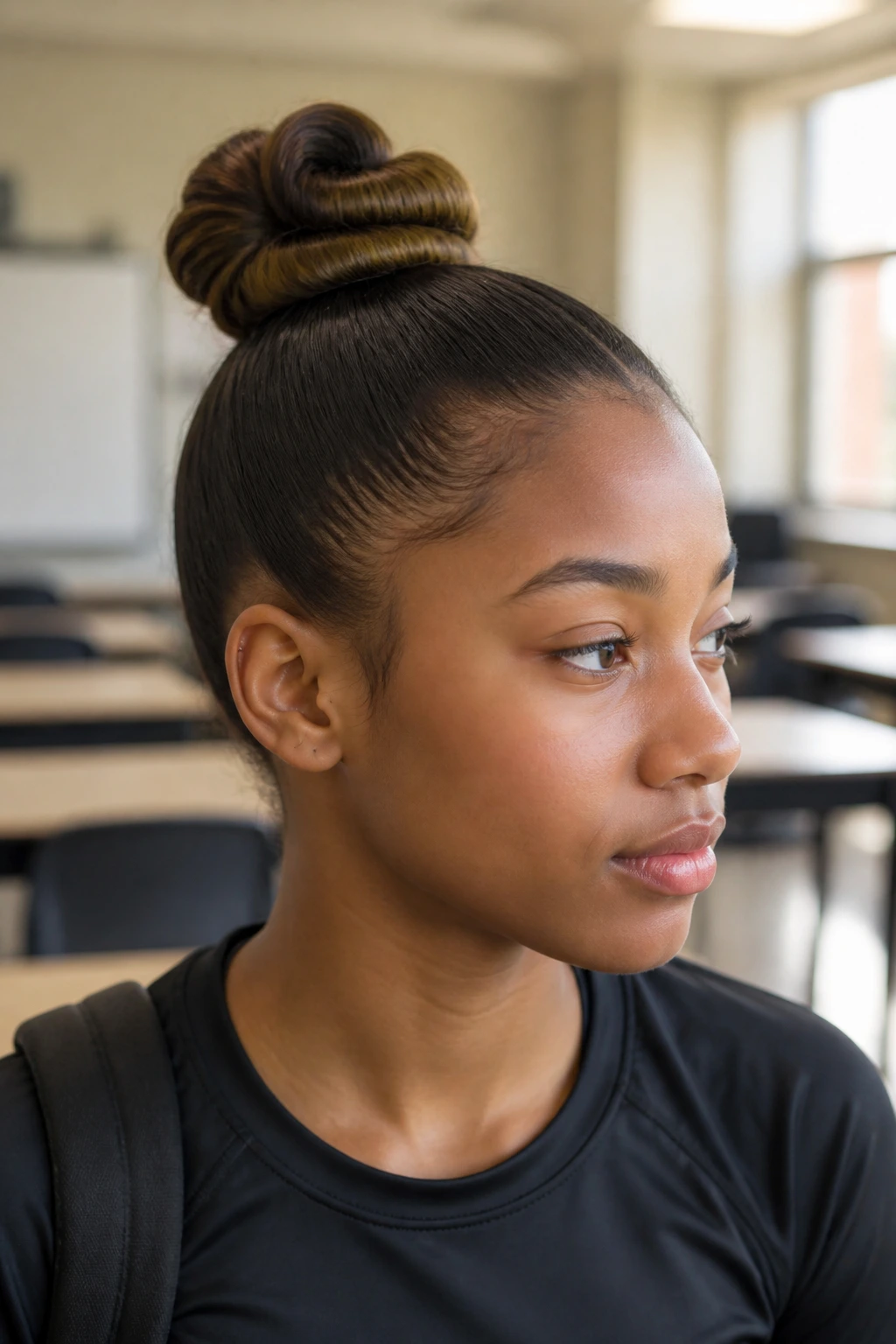 Close-up of a real student wearing a folded loop bun at the crown.