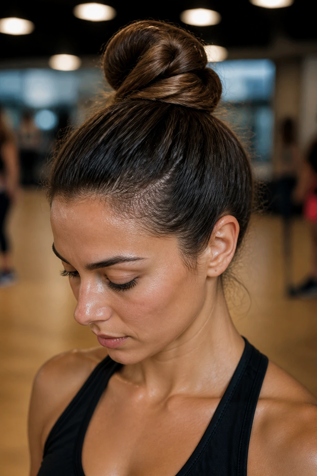 Close-up of a real woman wearing a folded loop bun secured with a hidden elastic