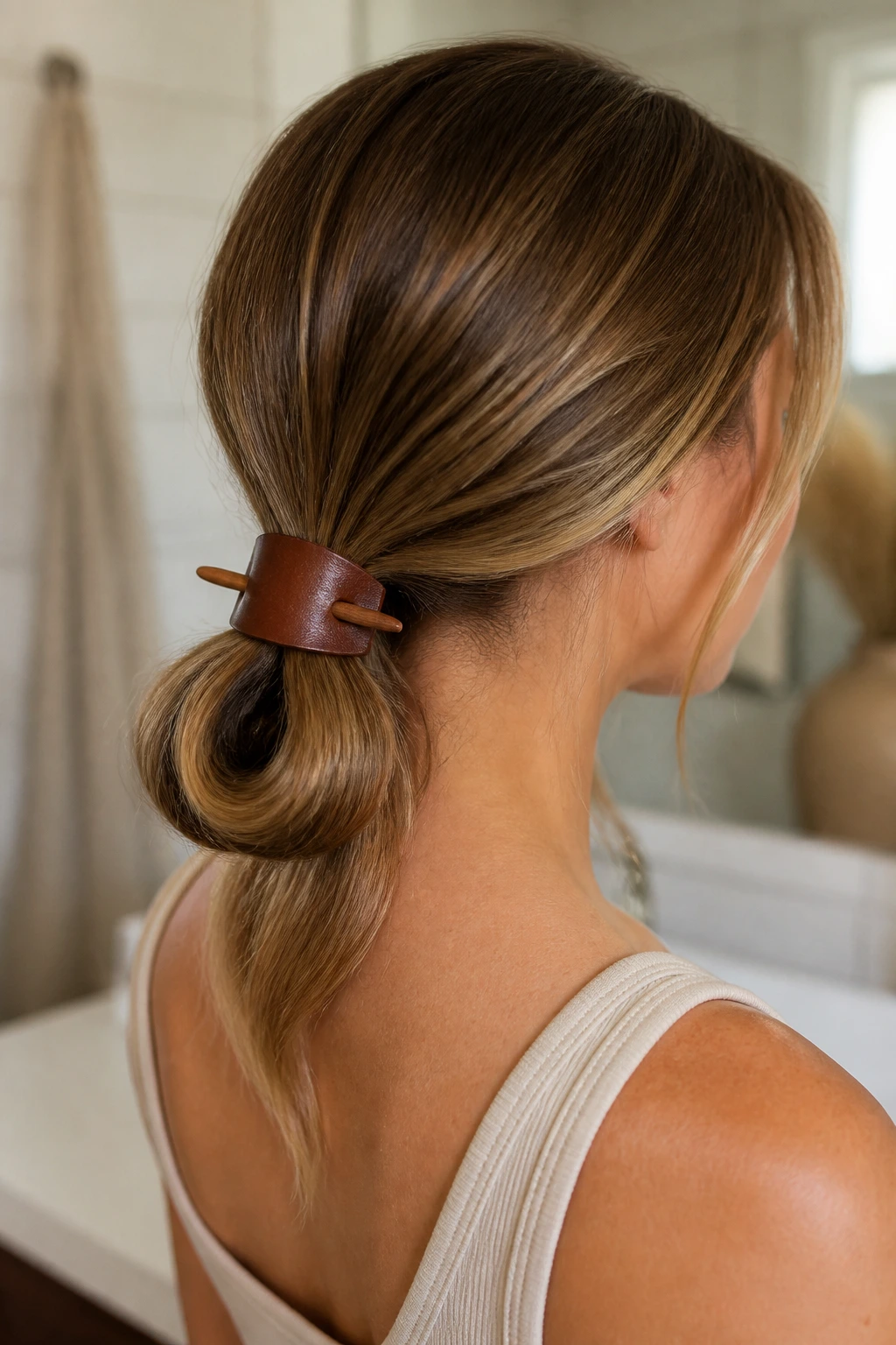 Close-up of a real woman showing a folded loop bun secured with a leather hair slider
