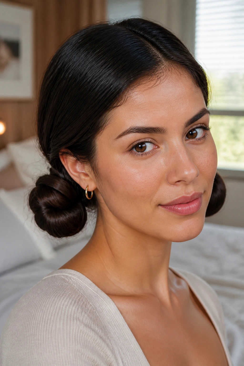 Close-up of folded-loop low pigtails on a thick-haired woman.