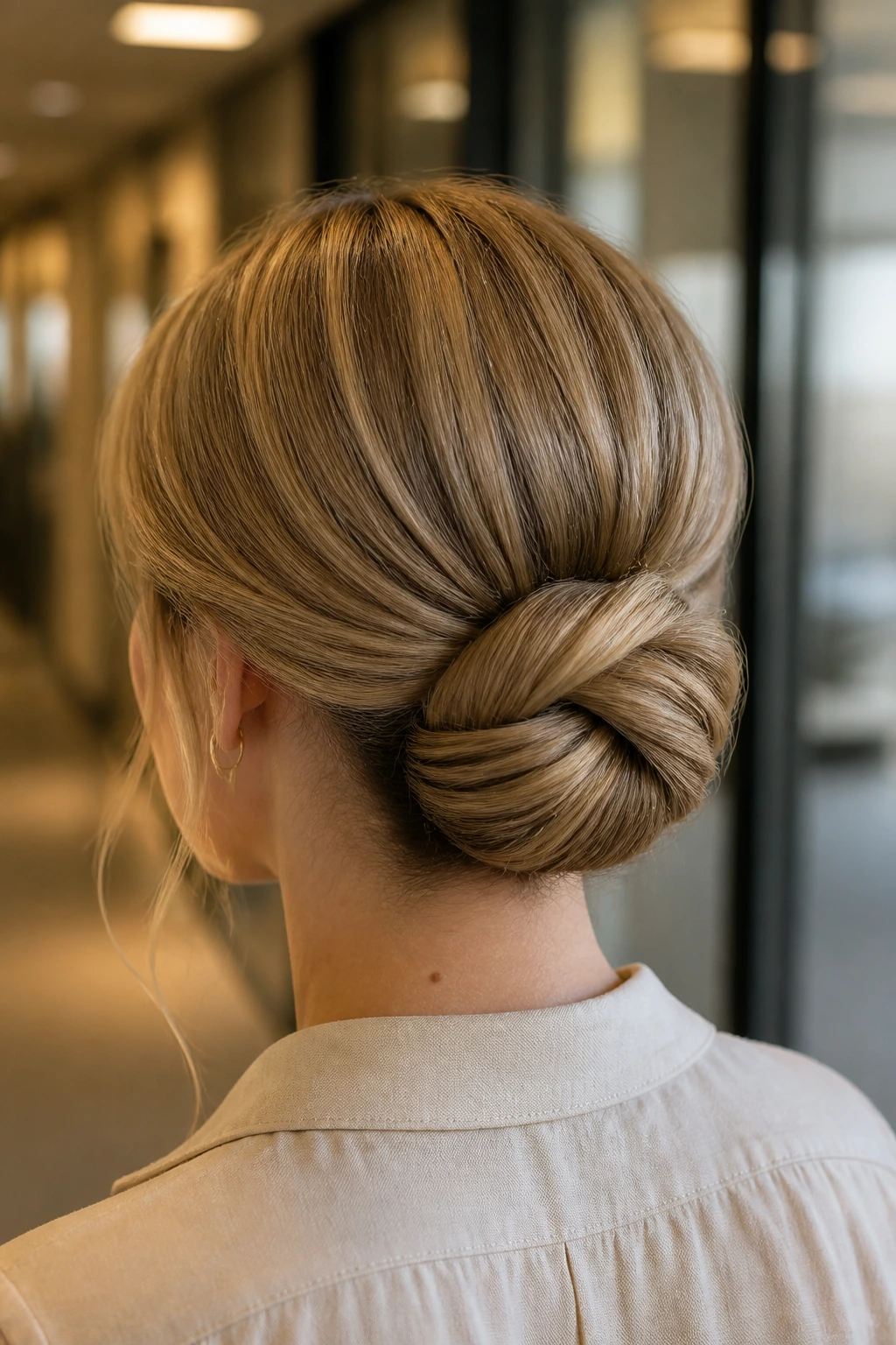 Back view close-up of a real woman with a folded pretzel bun at the back