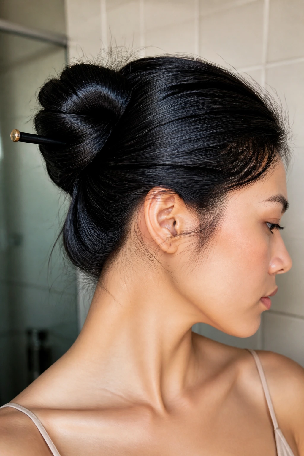 Close-up of a real woman with a folded bun secured by a hair stick