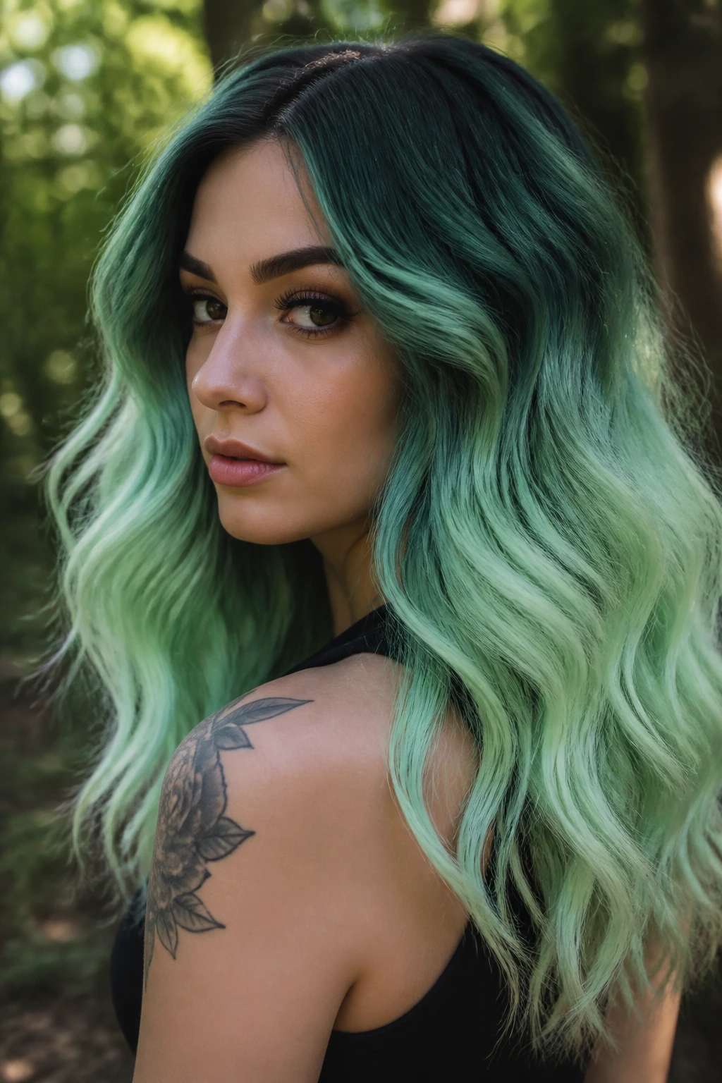 Close-up of a real woman's forest green to mint color melt