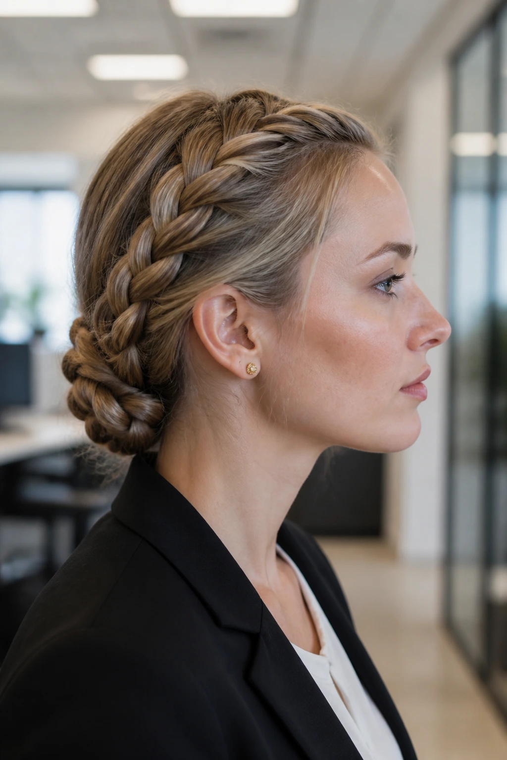 Close-up of a real woman with a four-strand braided bun at the nape for a neat office look.