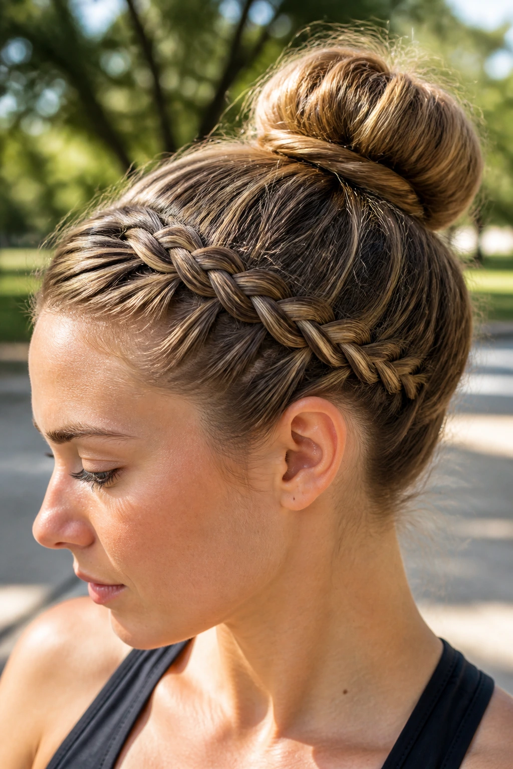Real woman with a four-strand accent braid and high bun outdoors