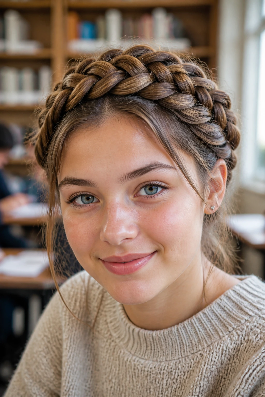 Portrait of student with a wide, four-strand milkmaid crown braid.