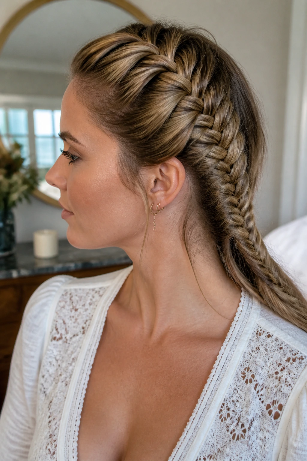 Close-up of a real woman with a four-strand fishtail braid close to the scalp