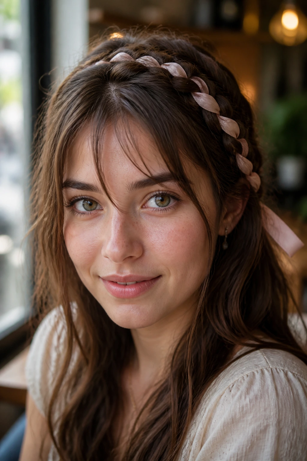 Close-up of a real woman with a four-strand lace braid and silk ribbon woven in