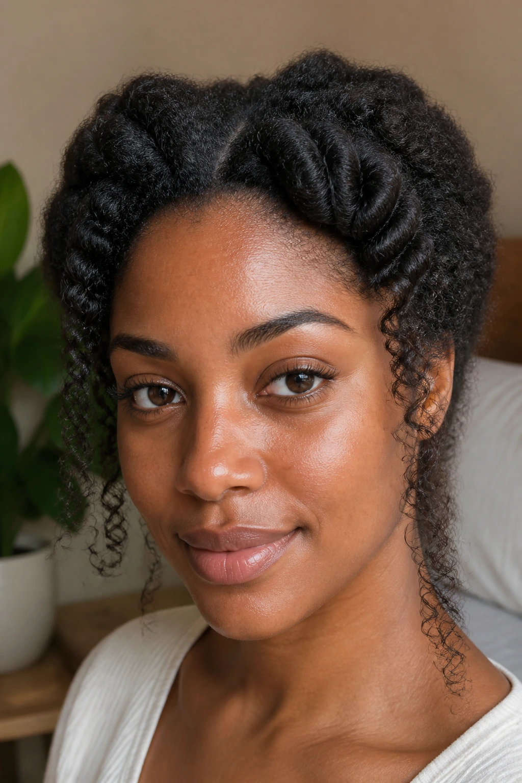 Close-up of loose French twist braid for soft coils on a real woman