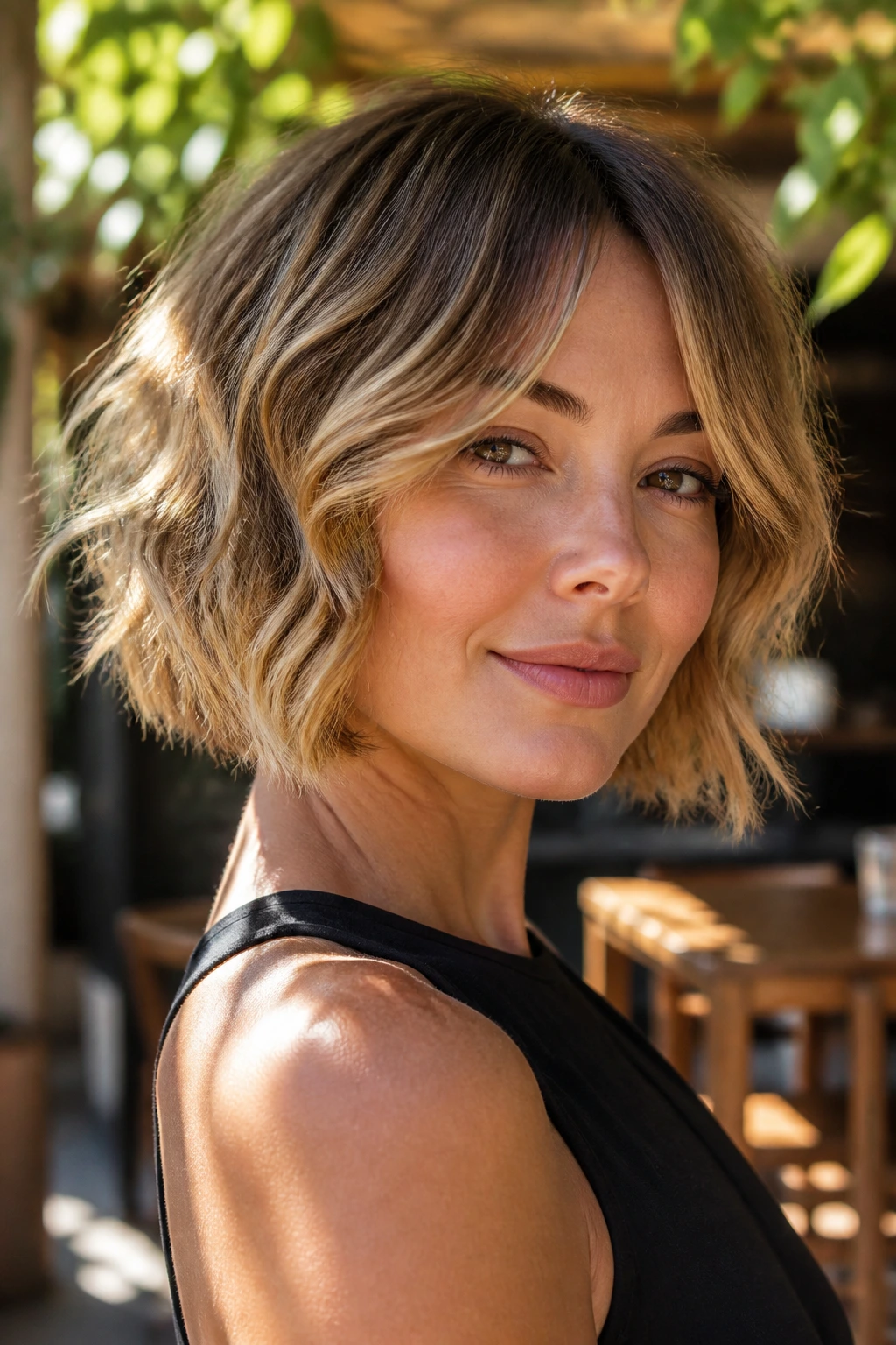 Close-up of a real woman with a wavy French bob and sun-kissed highlights