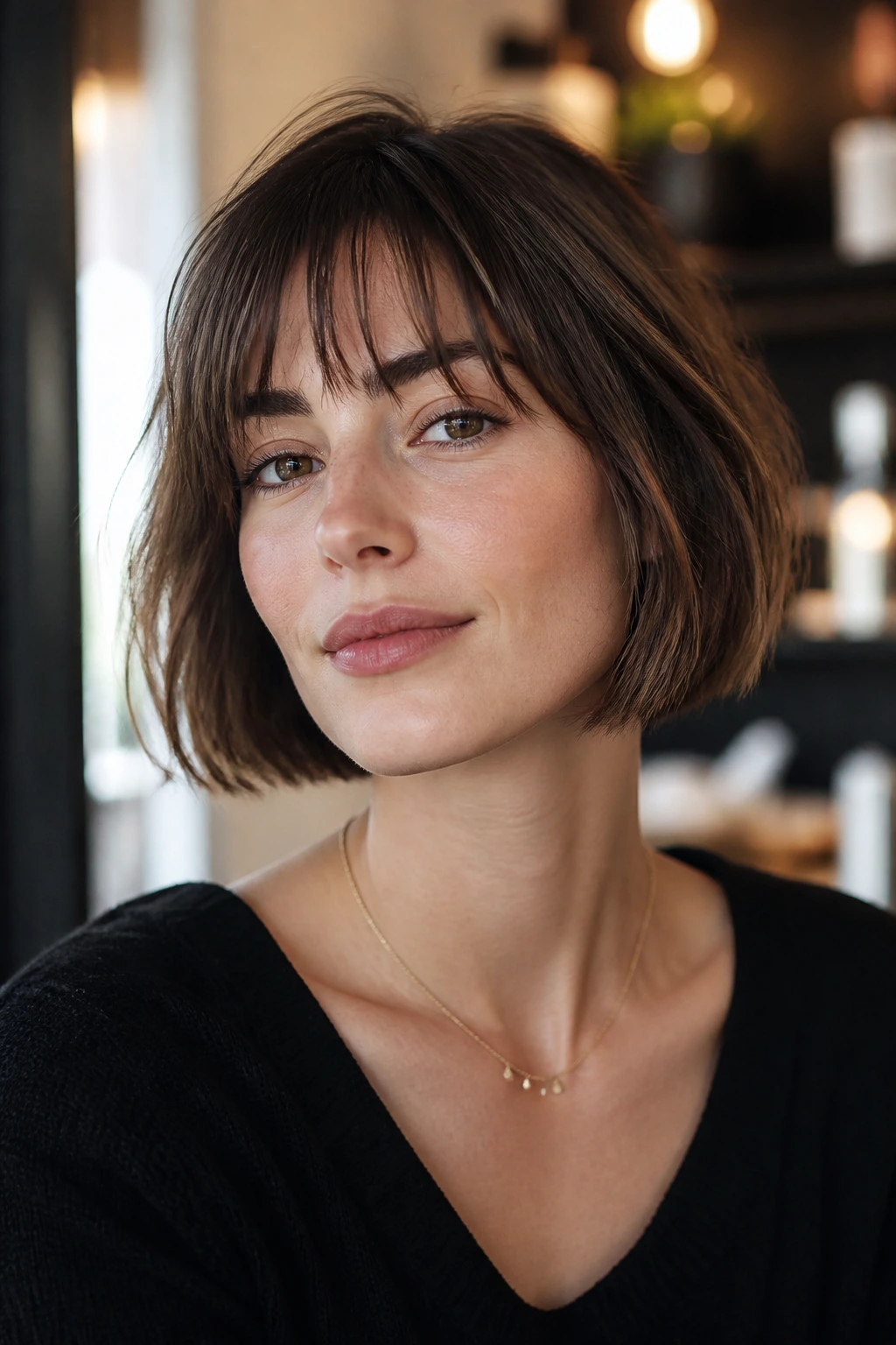 Woman with French bob and wispy bangs in soft light.