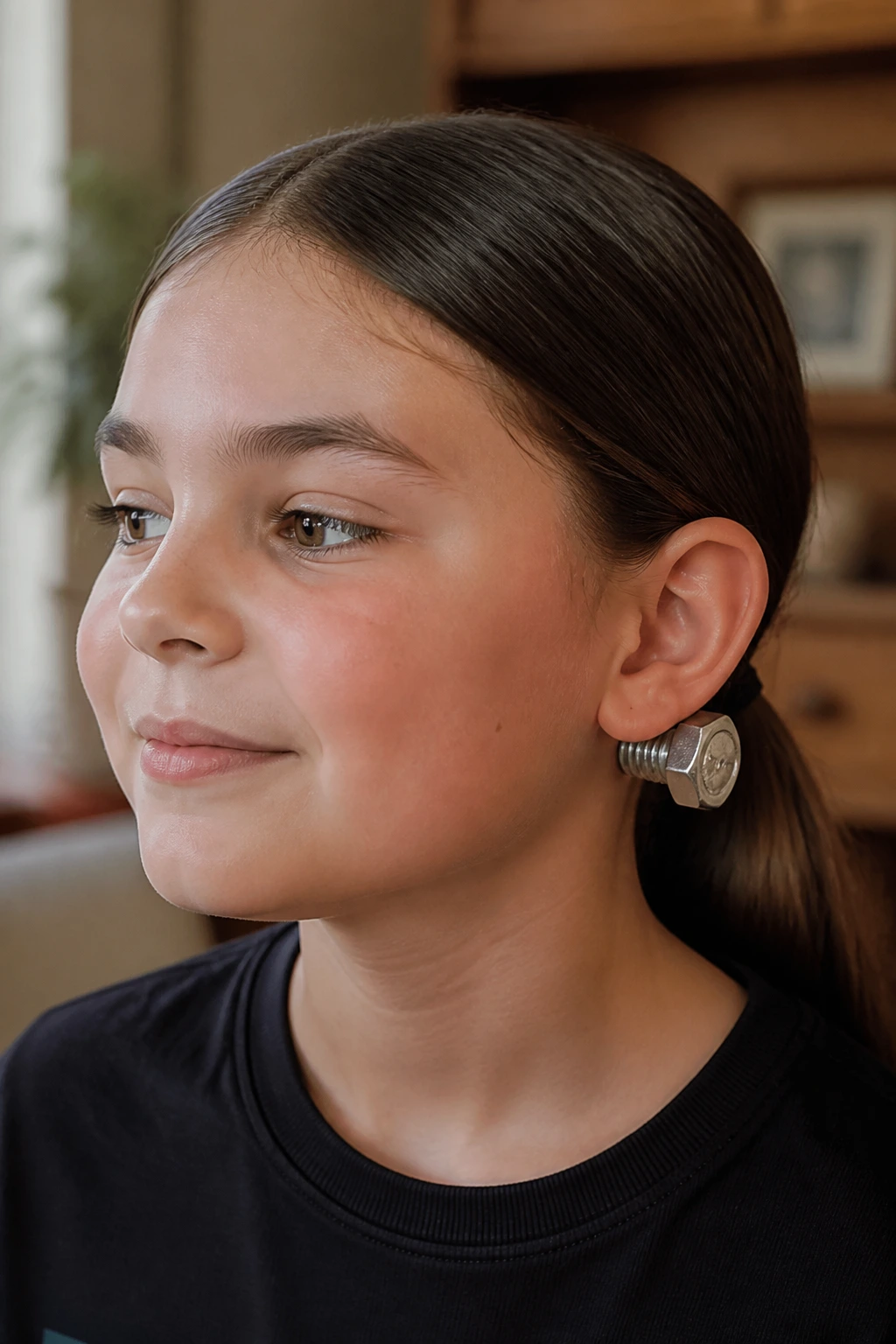 Close-up of real child with Frankenstein bolt hair clips behind the ears