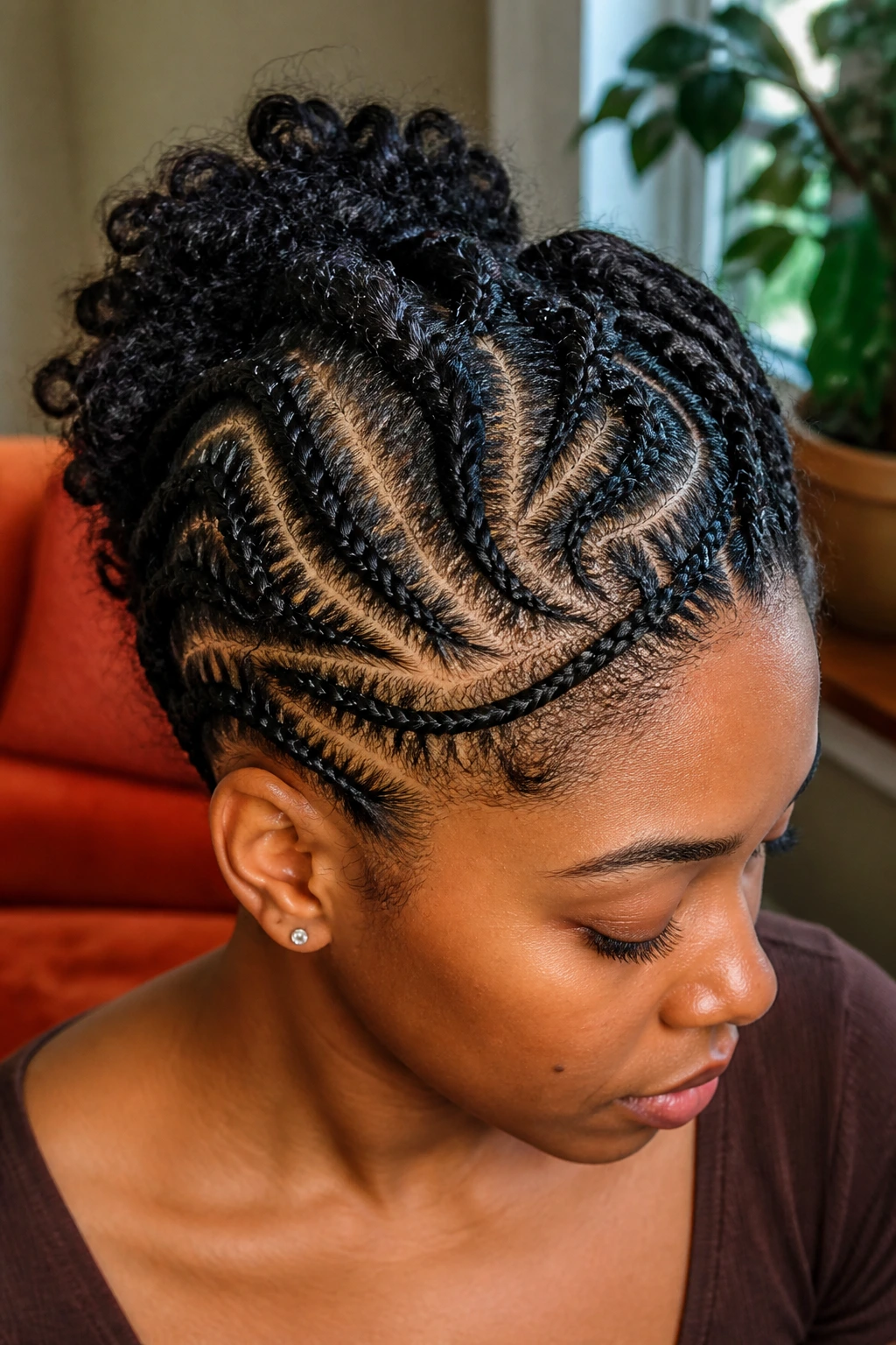 Close-up of real person with freeform crown cornrows following natural curls