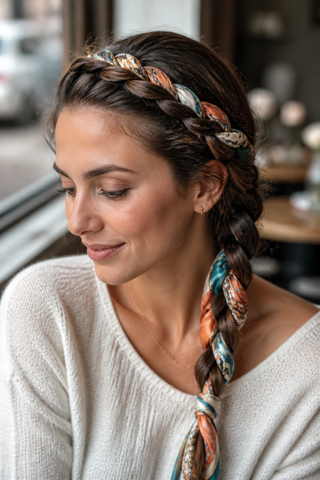 Real woman wearing a French braid woven with a silk scarf