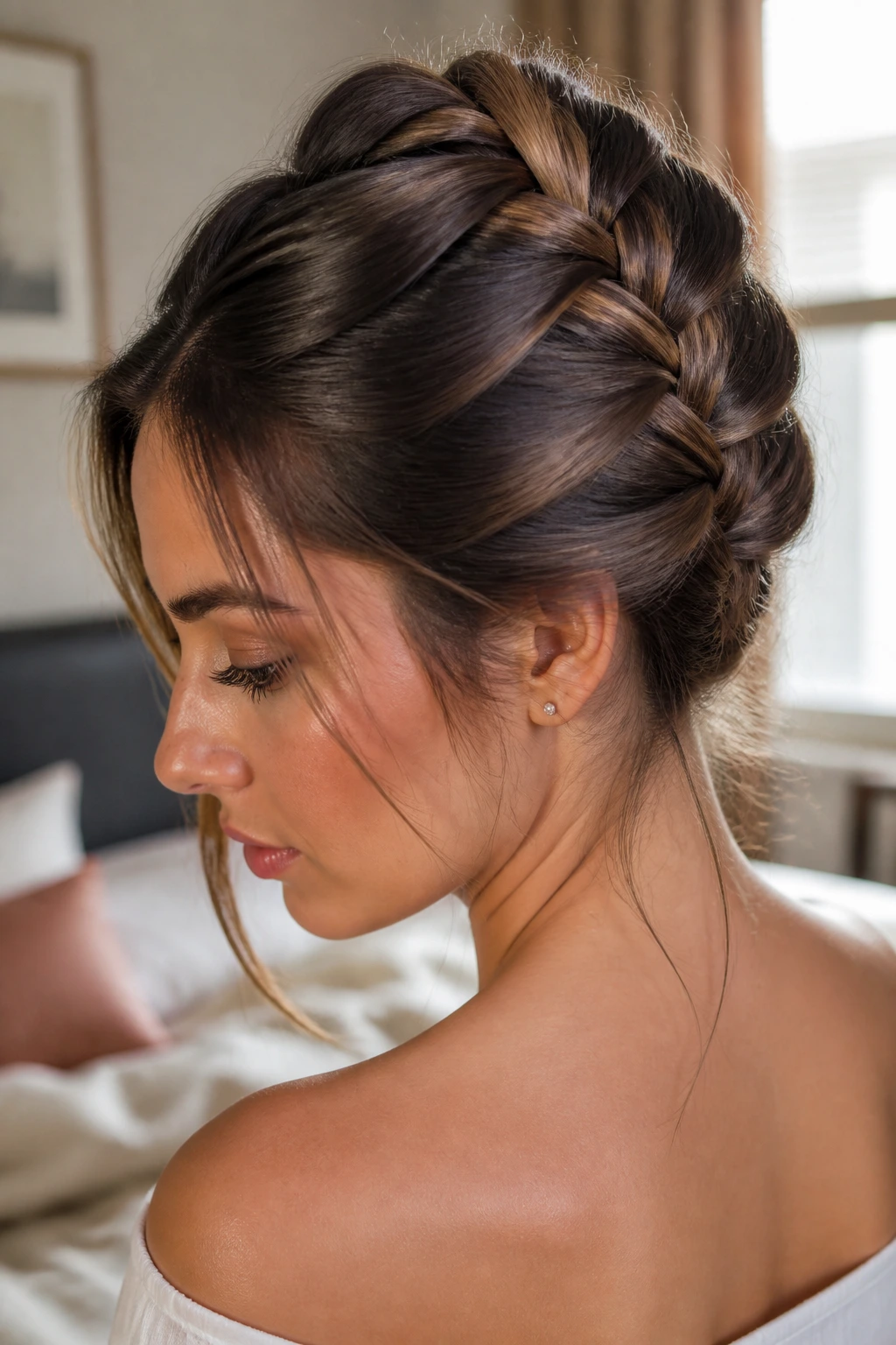 Close-up of a real woman with a French banana braid at the crown in warm window light