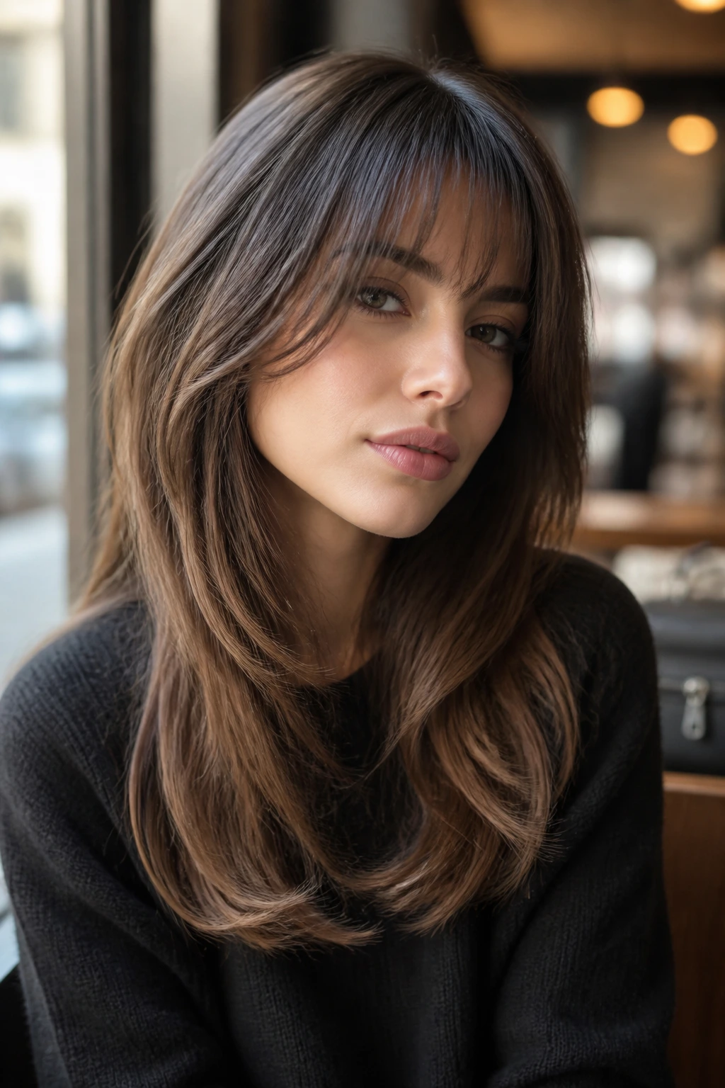 Close-up of a real woman with French bangs and invisible layers, natural waves