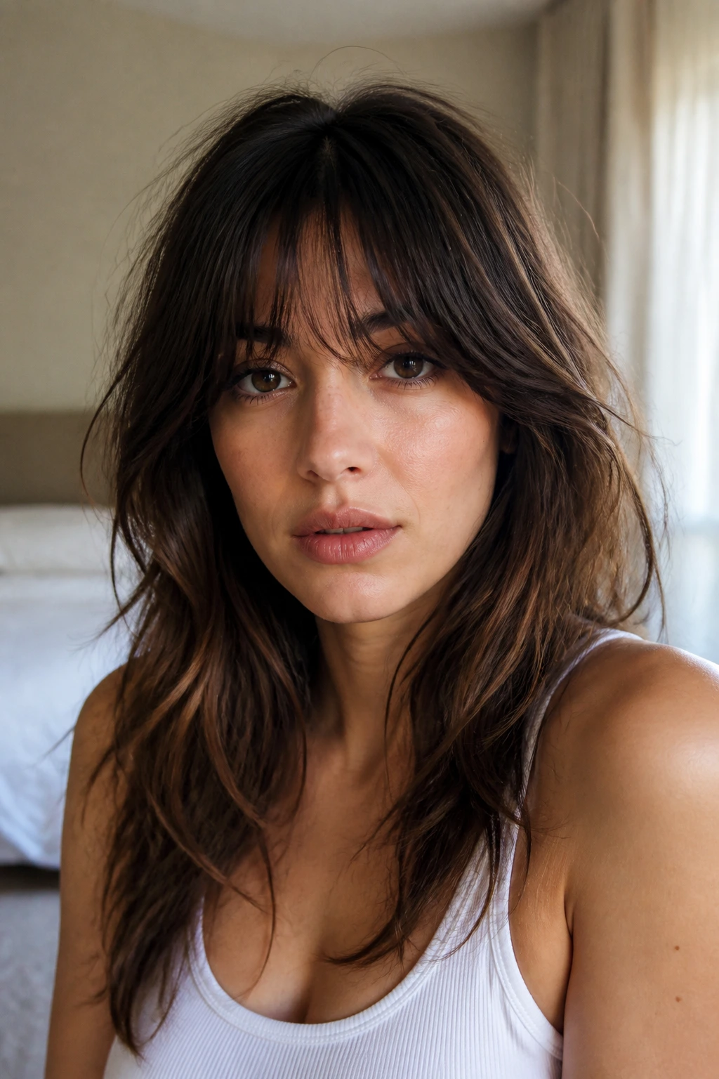 Close-up of a real woman with Bardot bangs and natural waves in soft window light