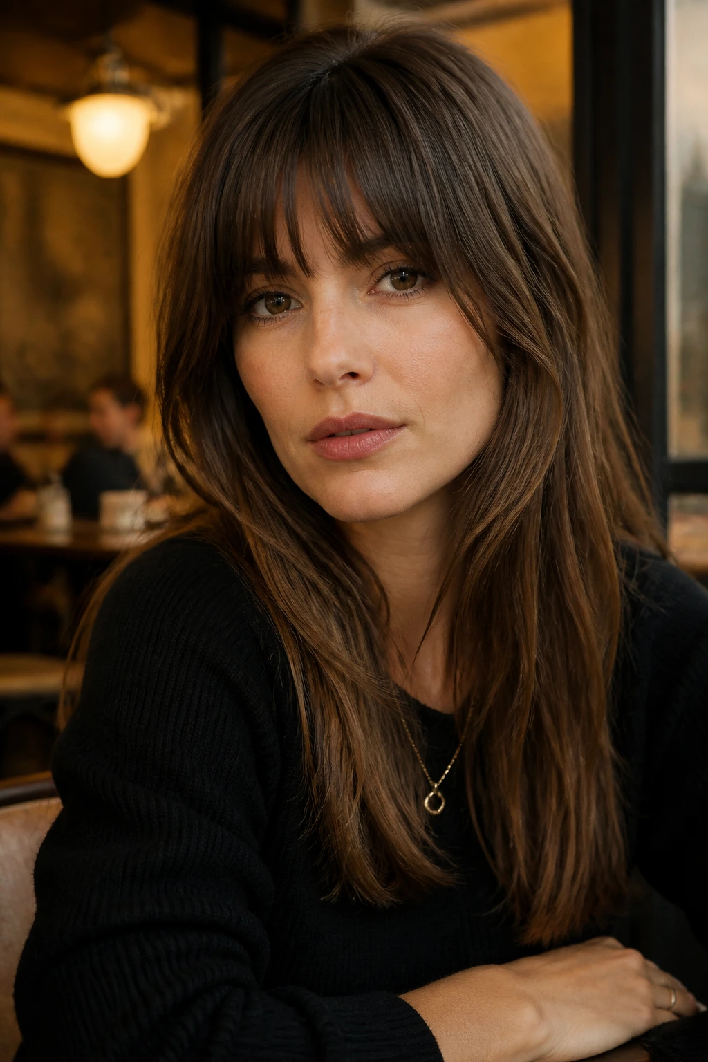 Close-up of a real woman with Bardot straight bangs and soft temple pieces.