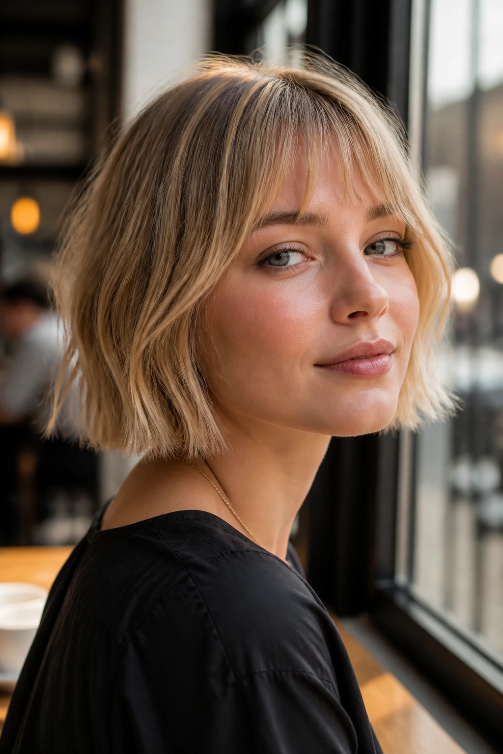 Close-up portrait of a real woman with a French bob and light baby bangs