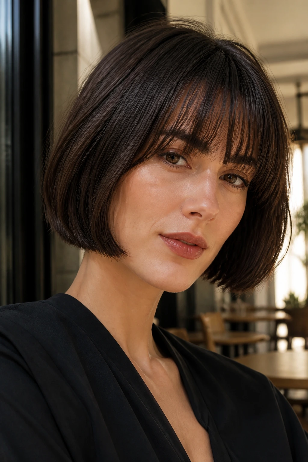 Portrait of real woman with French bob and brow-grazing bangs in natural light