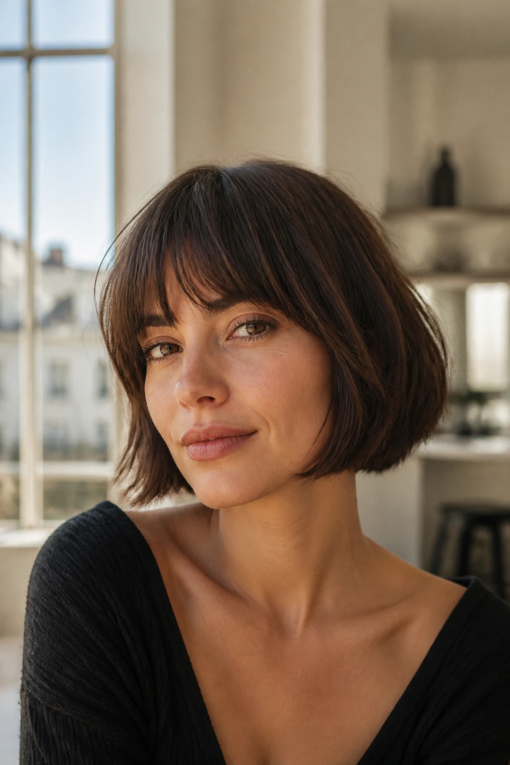 Close-up portrait of a real woman with a French bob and eyebrow-grazing bangs