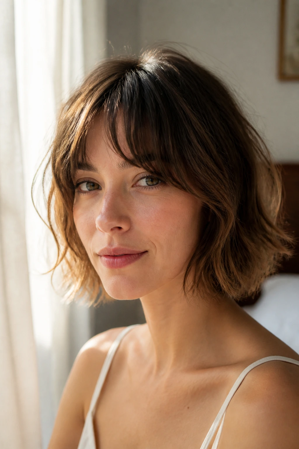 Close-up of a woman with a chin-length French-girl bob and soft bangs