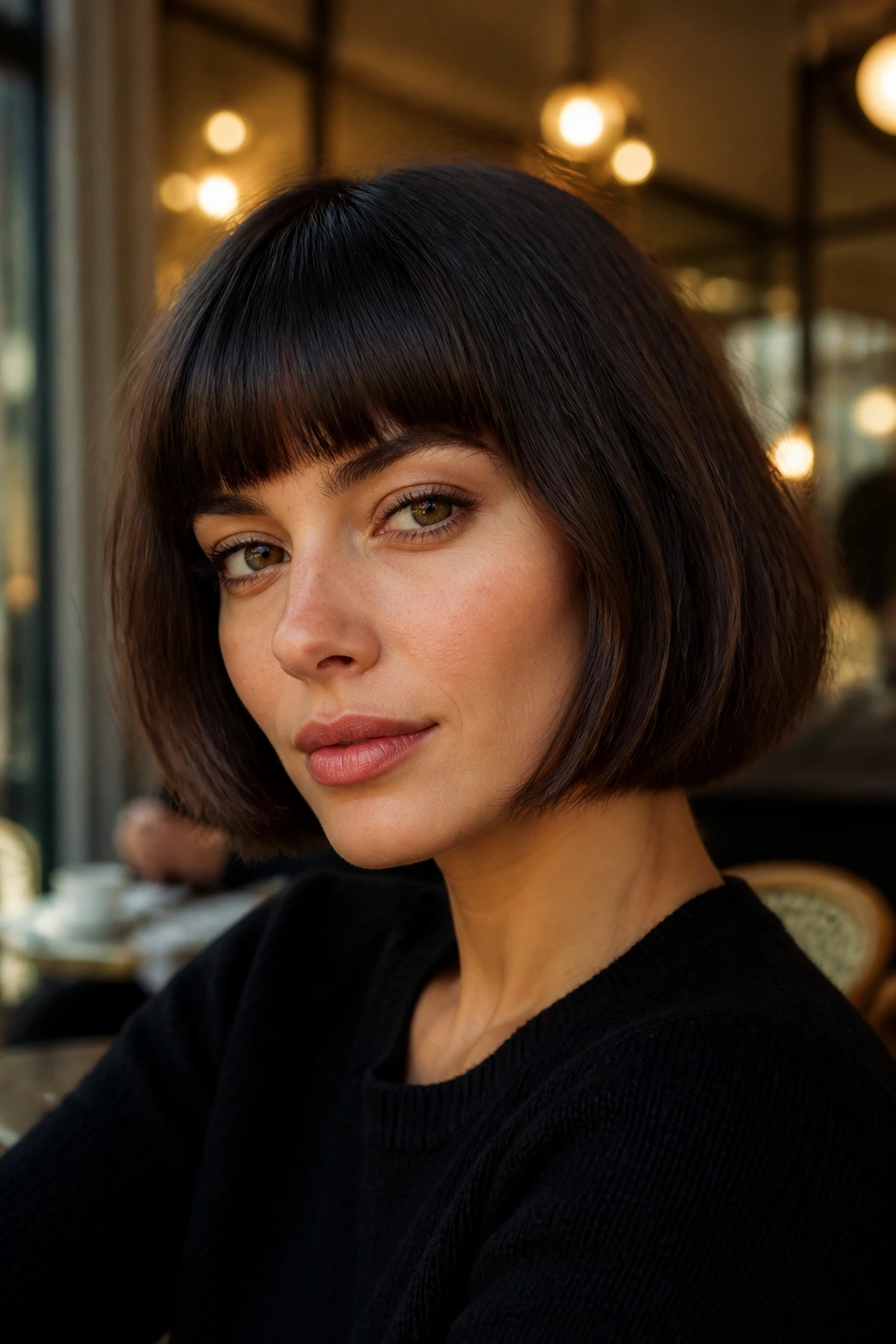 Real woman with French bob and blunt bangs framing the face.
