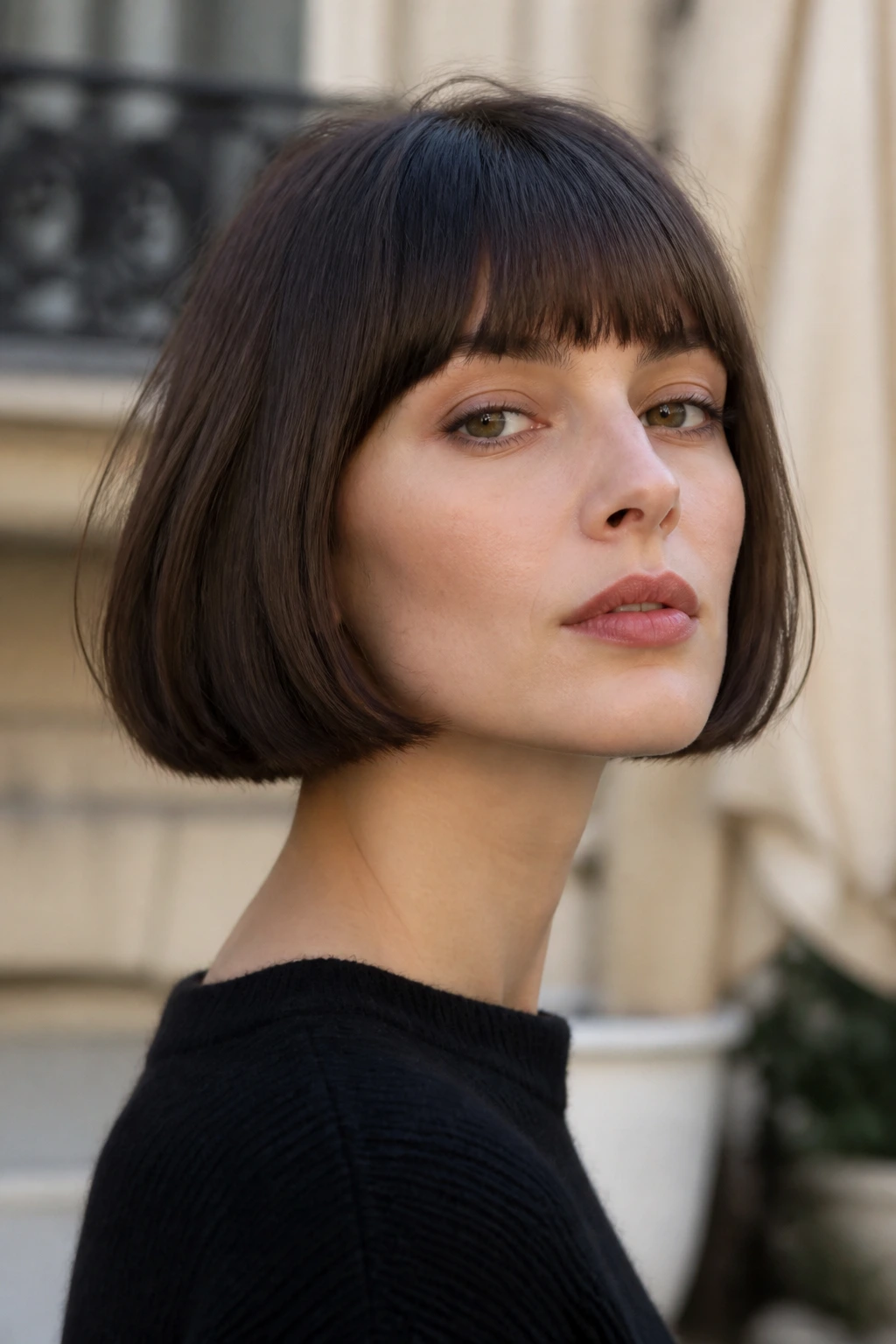 Portrait of a real person with French bob and blunt bangs.