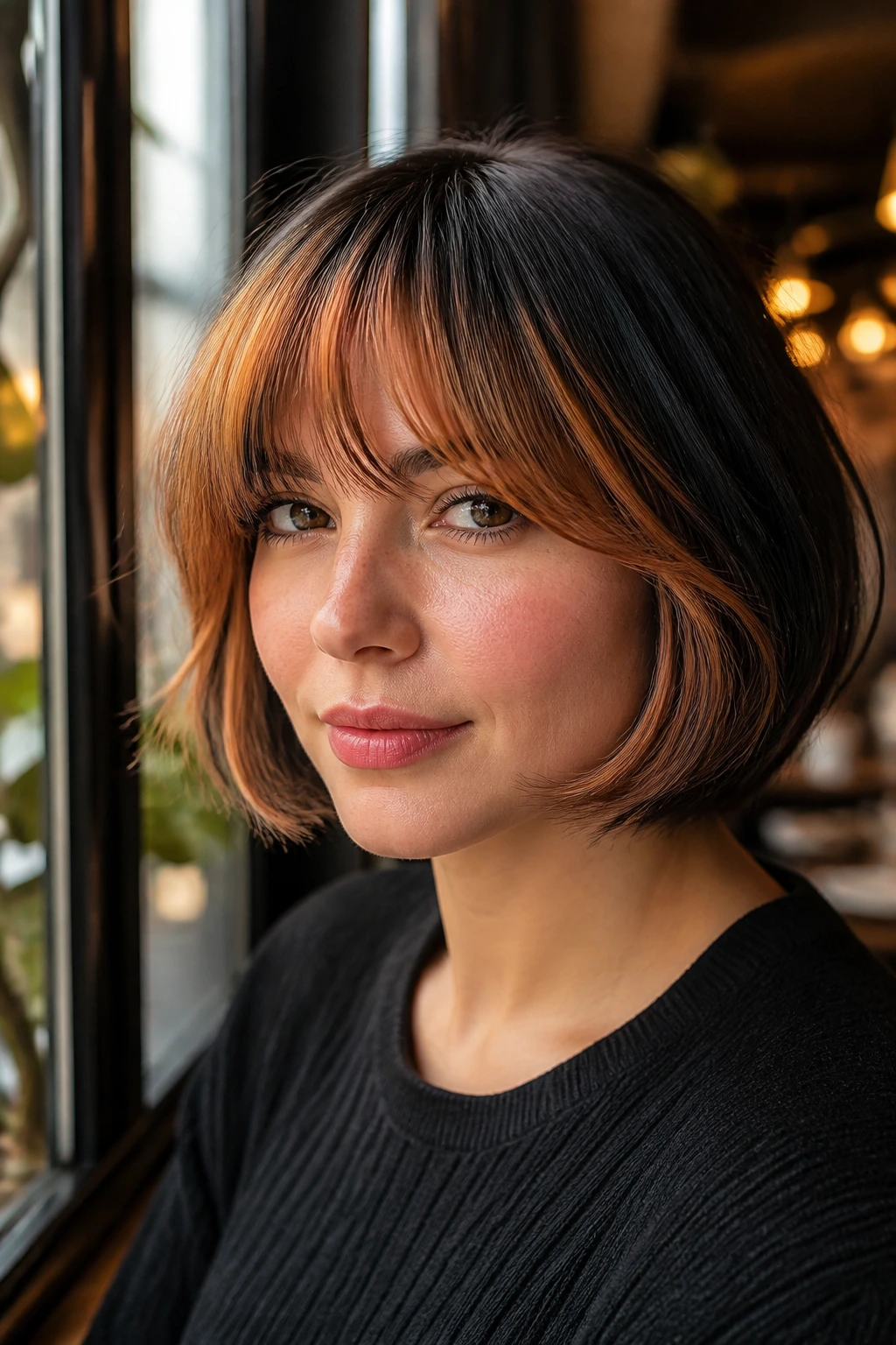 Real person with French bob and bottleneck copper-gold bangs