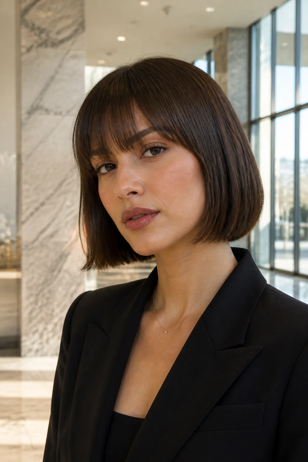 Close-up of a woman with a classic French bob and brow-grazing bangs in office setting