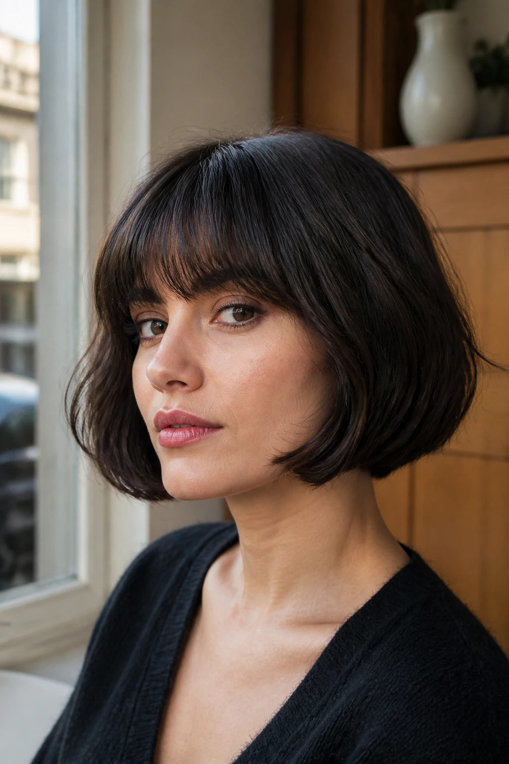 Close-up of a real woman with French bob and brow-grazing bangs in warm window light