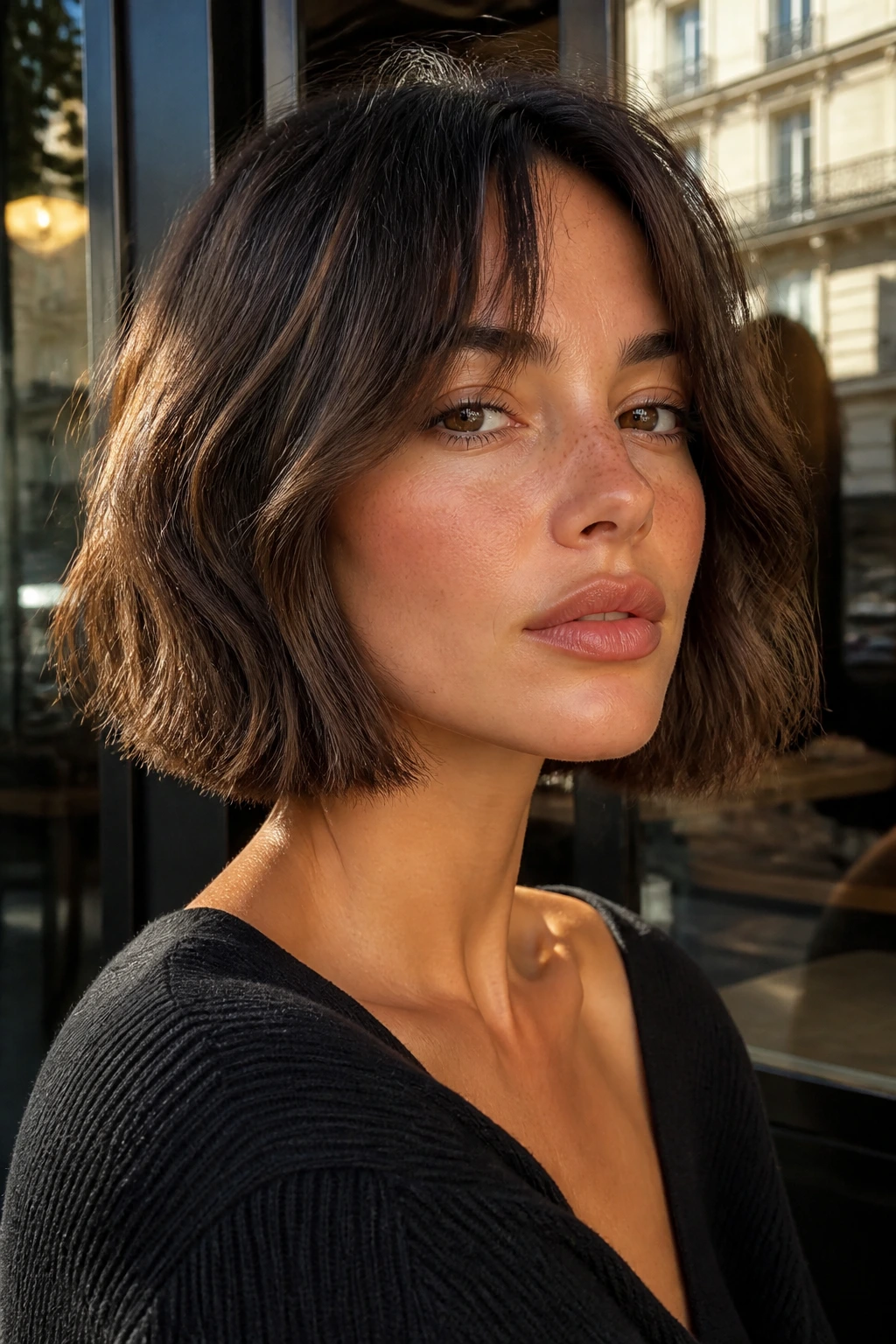 Portrait of a real woman with blunt-cut French bob and curtain bangs in sunlit cafe light.