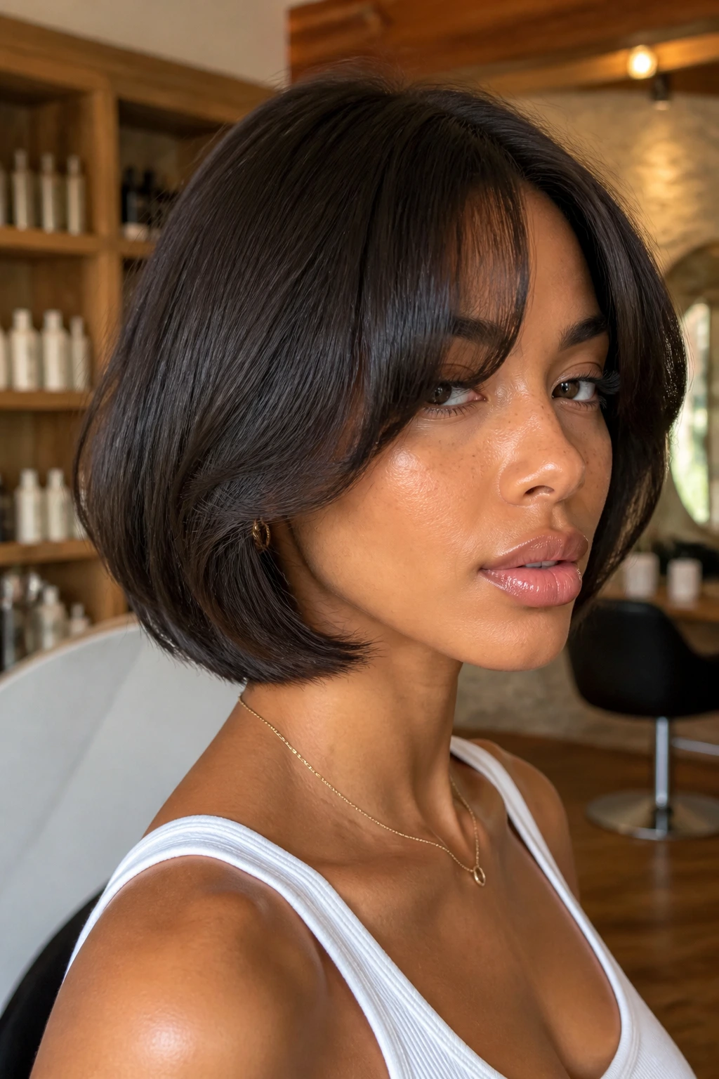 Close-up of a real woman with a soft rounded French bob and curtain bangs in a salon