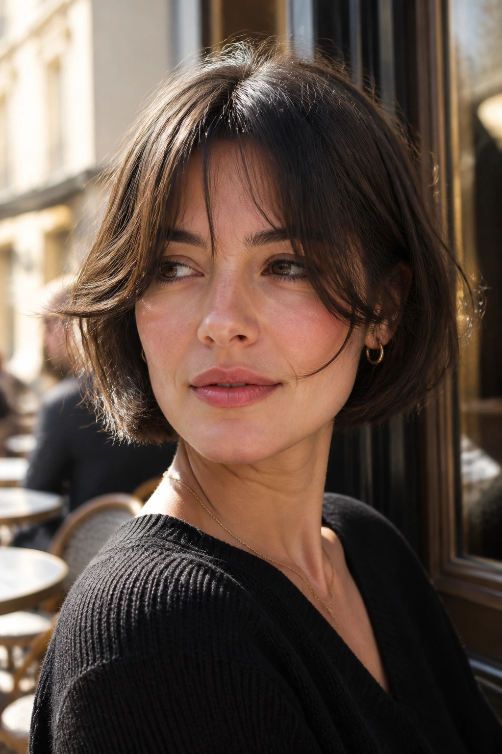 Close-up of a real woman with The Classic French Bob and soft curtain bangs in a Paris café setting.
