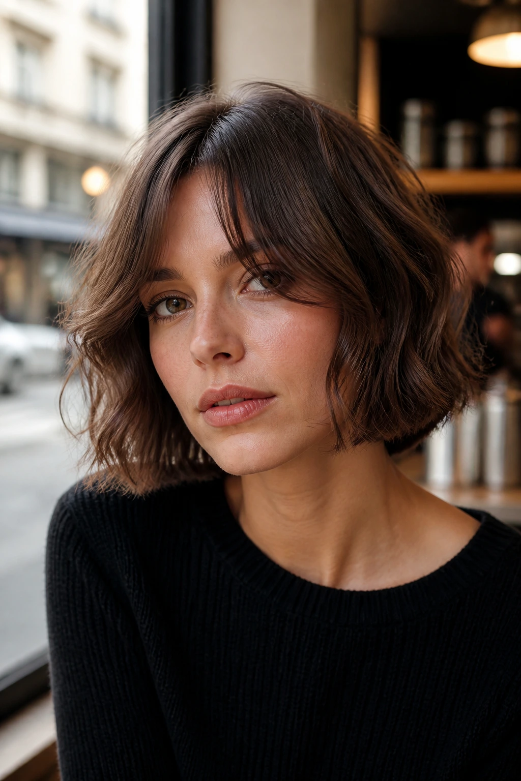 Real person wearing a wavy French bob with curtain bangs in cafe window light.
