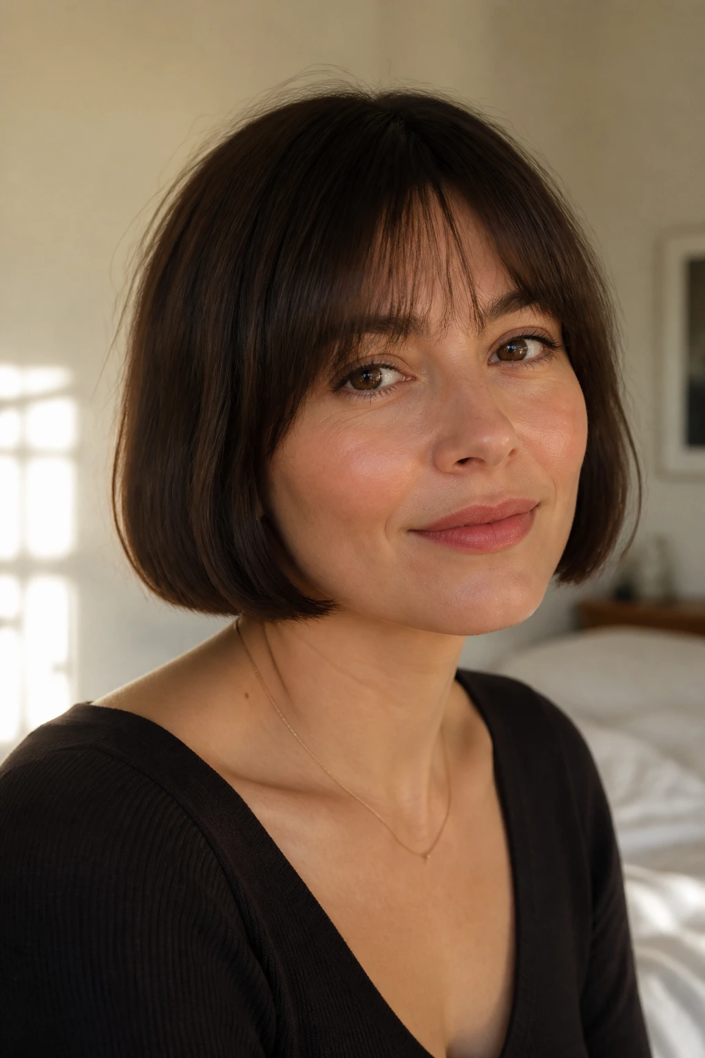 Close-up portrait of a woman with chin-length French bob and curtain bangs under window light