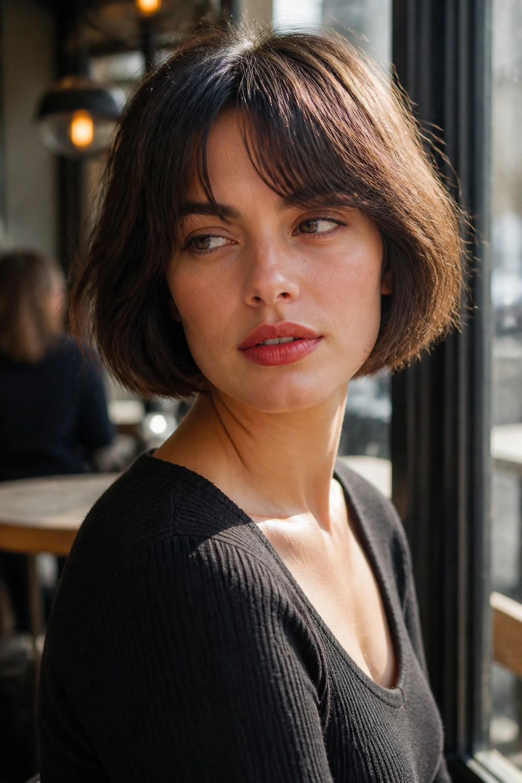 Portrait of a woman with a French-girl bob and short curtain bangs.
