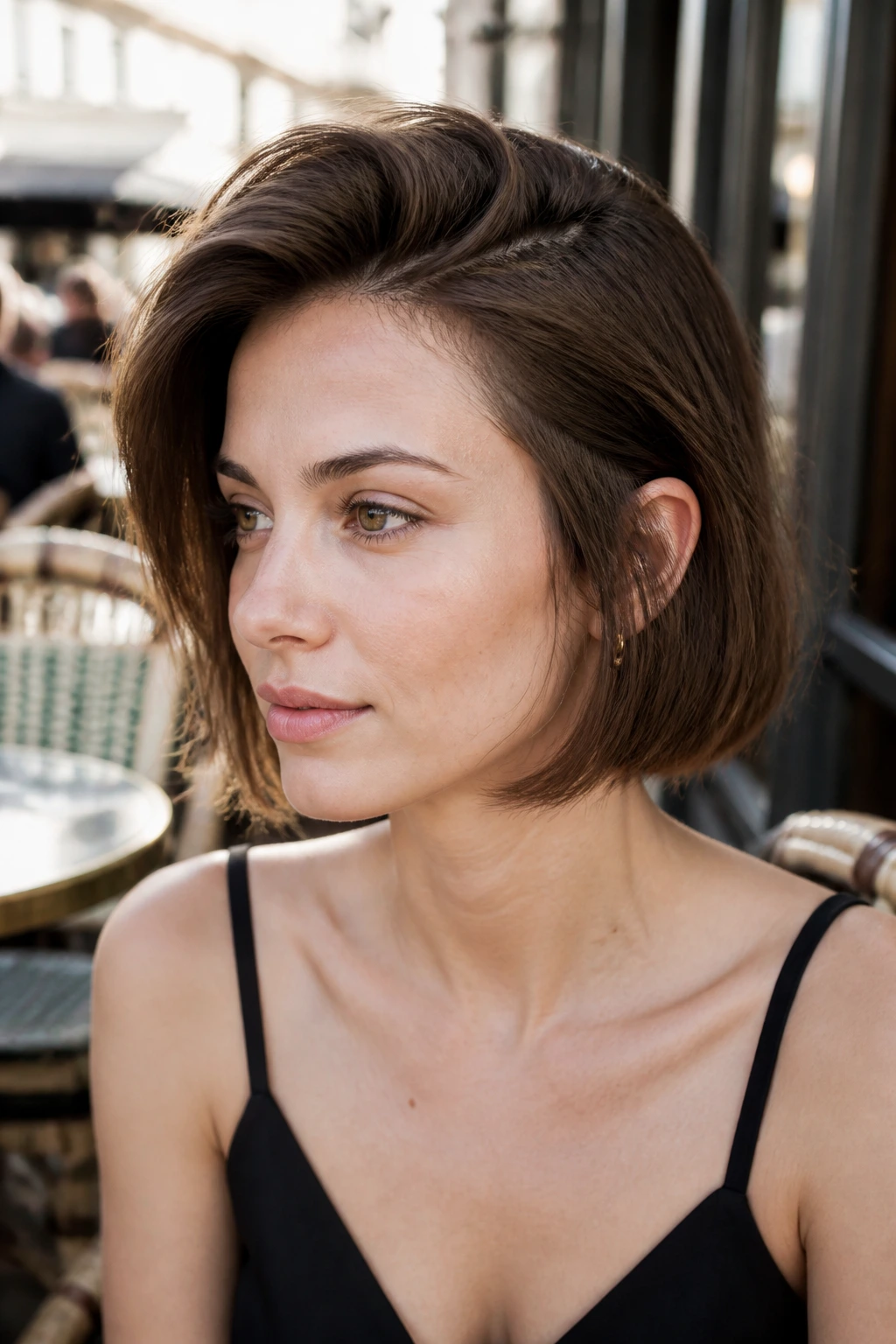 Real woman with Severely Parted French Bob deep side part.