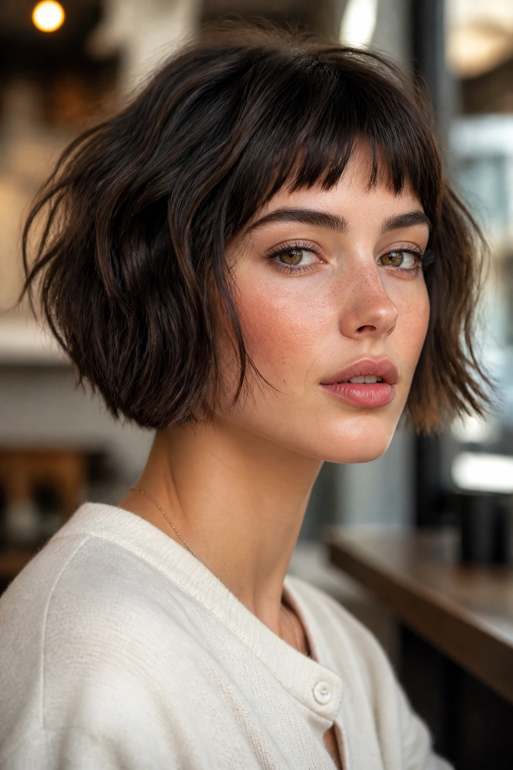 Person with textured French bob and micro bangs