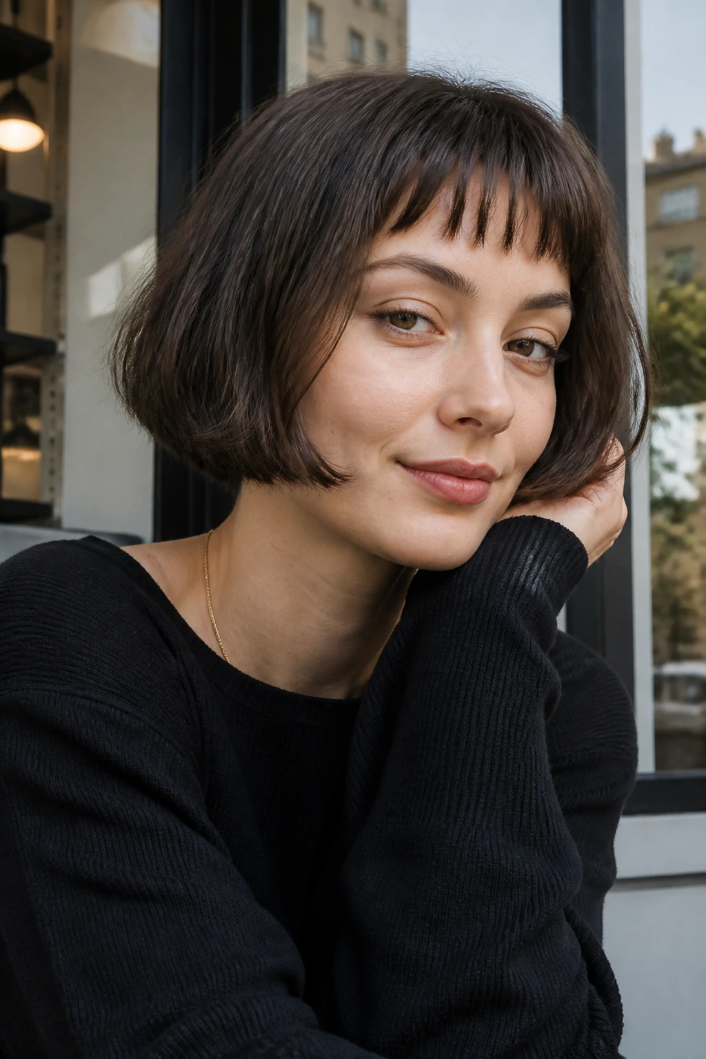 Portrait of a woman with a French bob and micro-bangs