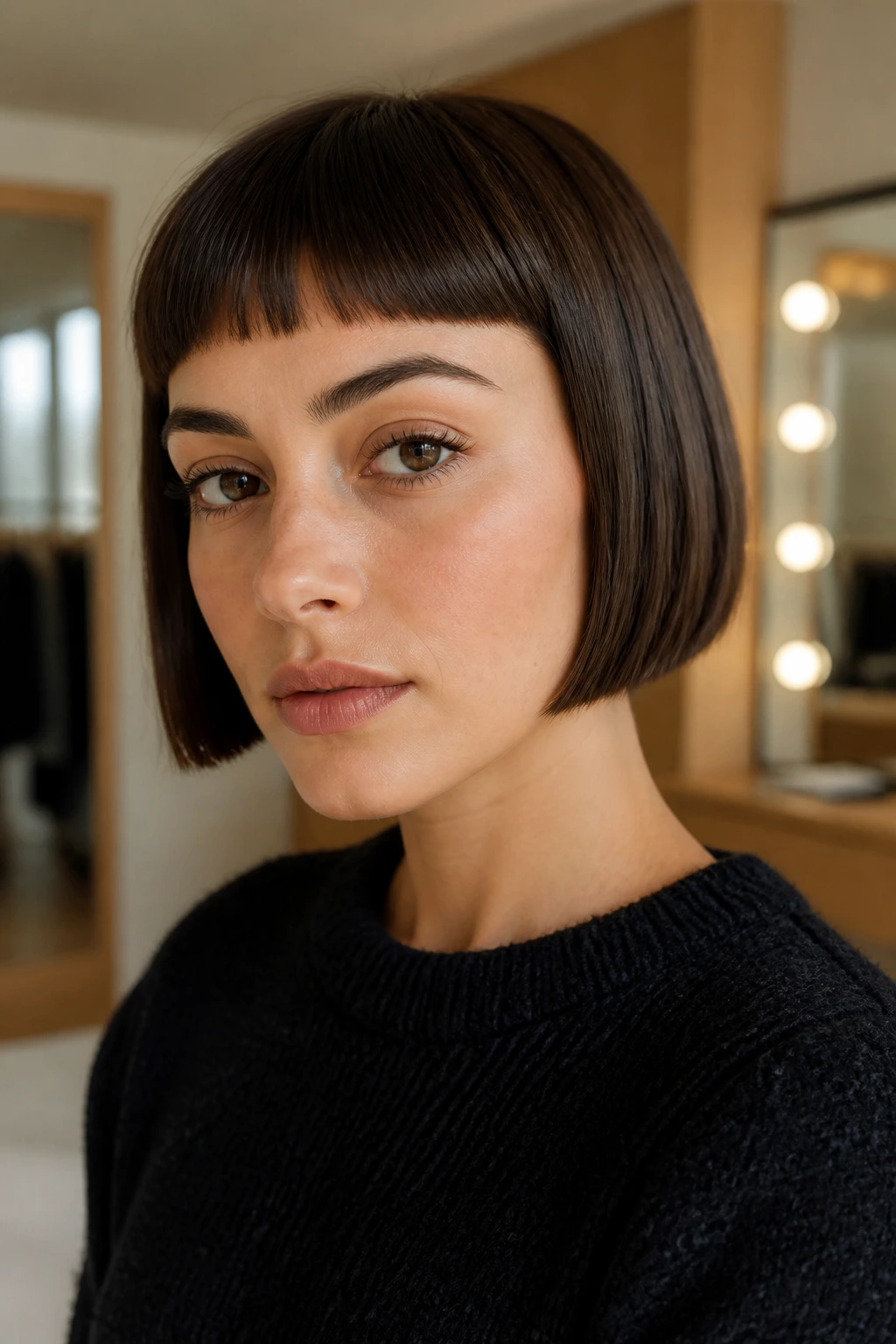 Close-up portrait of a real woman with a jaw-length French bob and micro bangs in window light