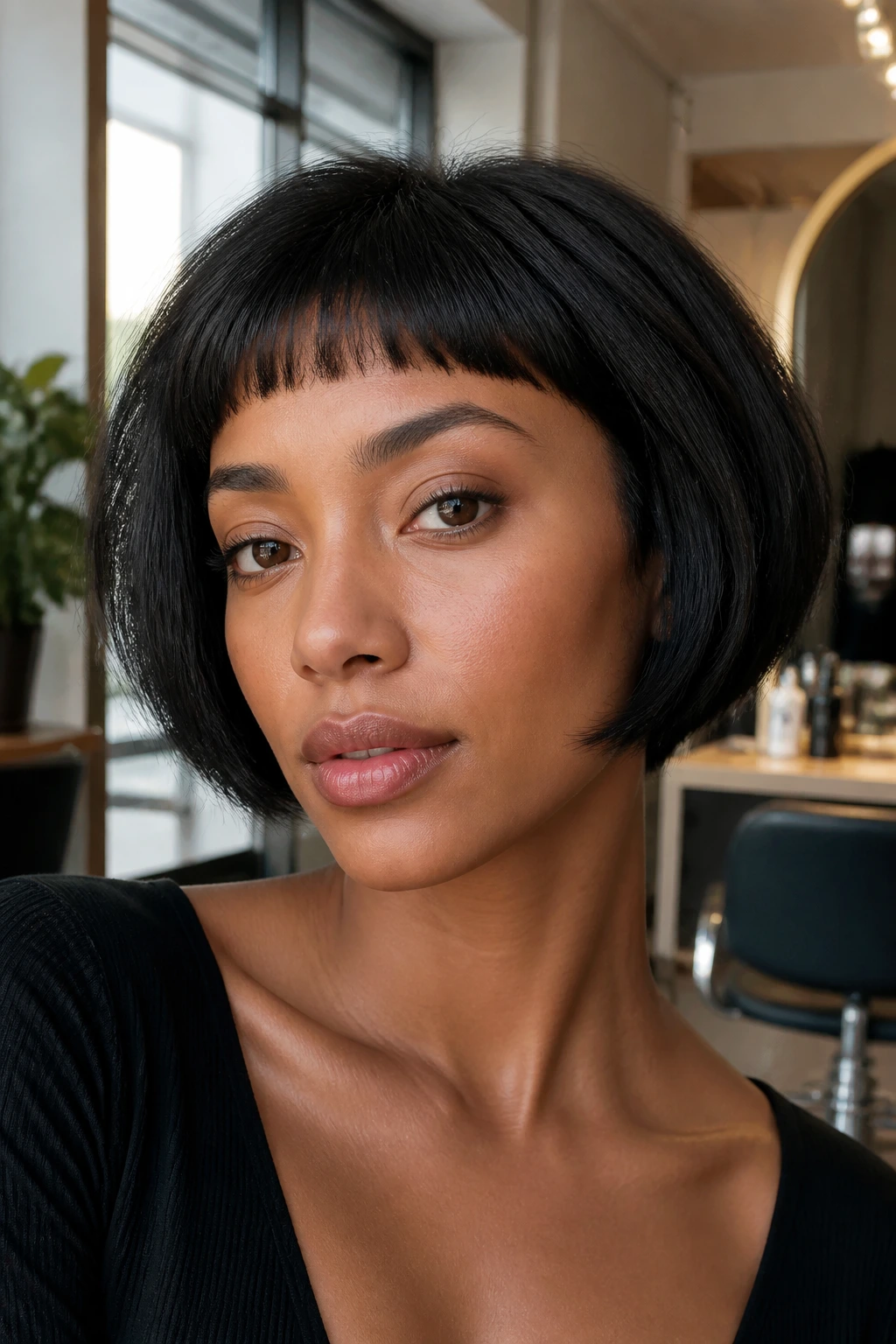 Close-up of textured French bob with micro baby bangs on a real person