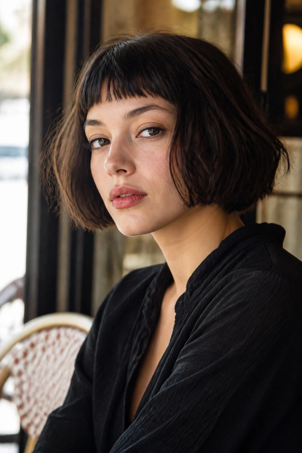 Close-up of a real woman with a classic French bob and micro-fringe