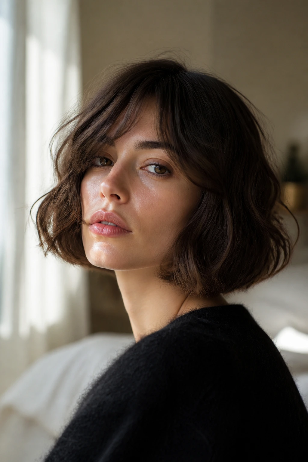 Close-up portrait of a real woman with a chin-length blunt wavy bob in soft morning light.