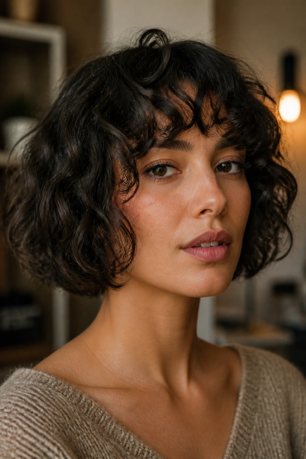 Woman with French bob and textured curly bangs