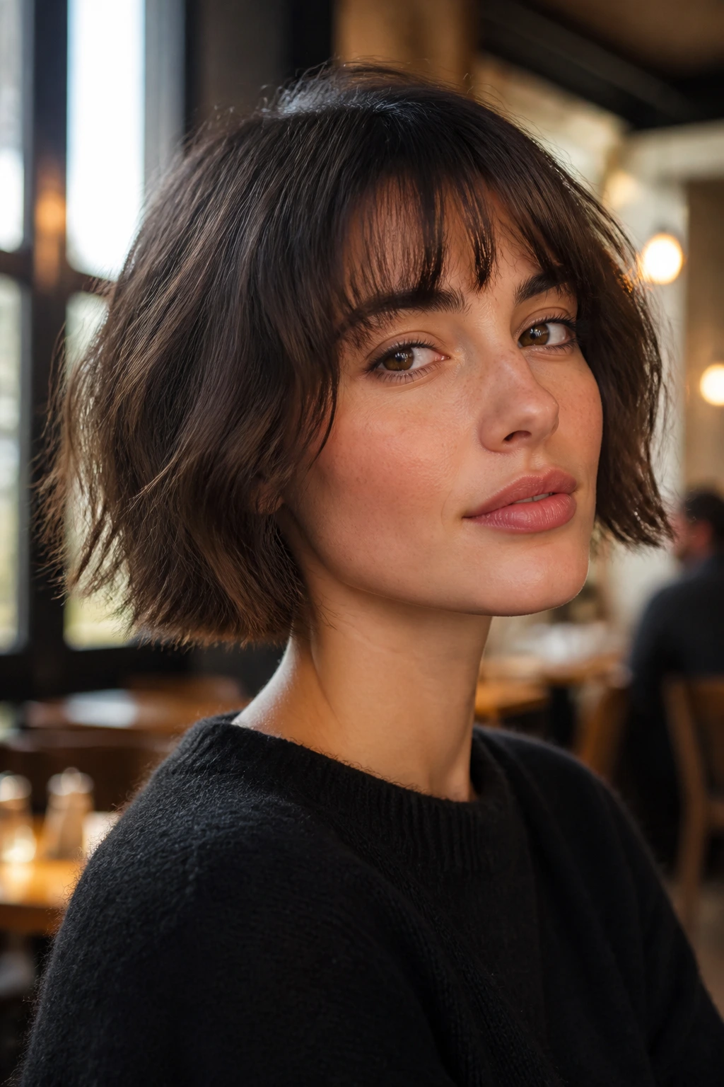 Portrait of a person with a jaw-length French bob and textured ends