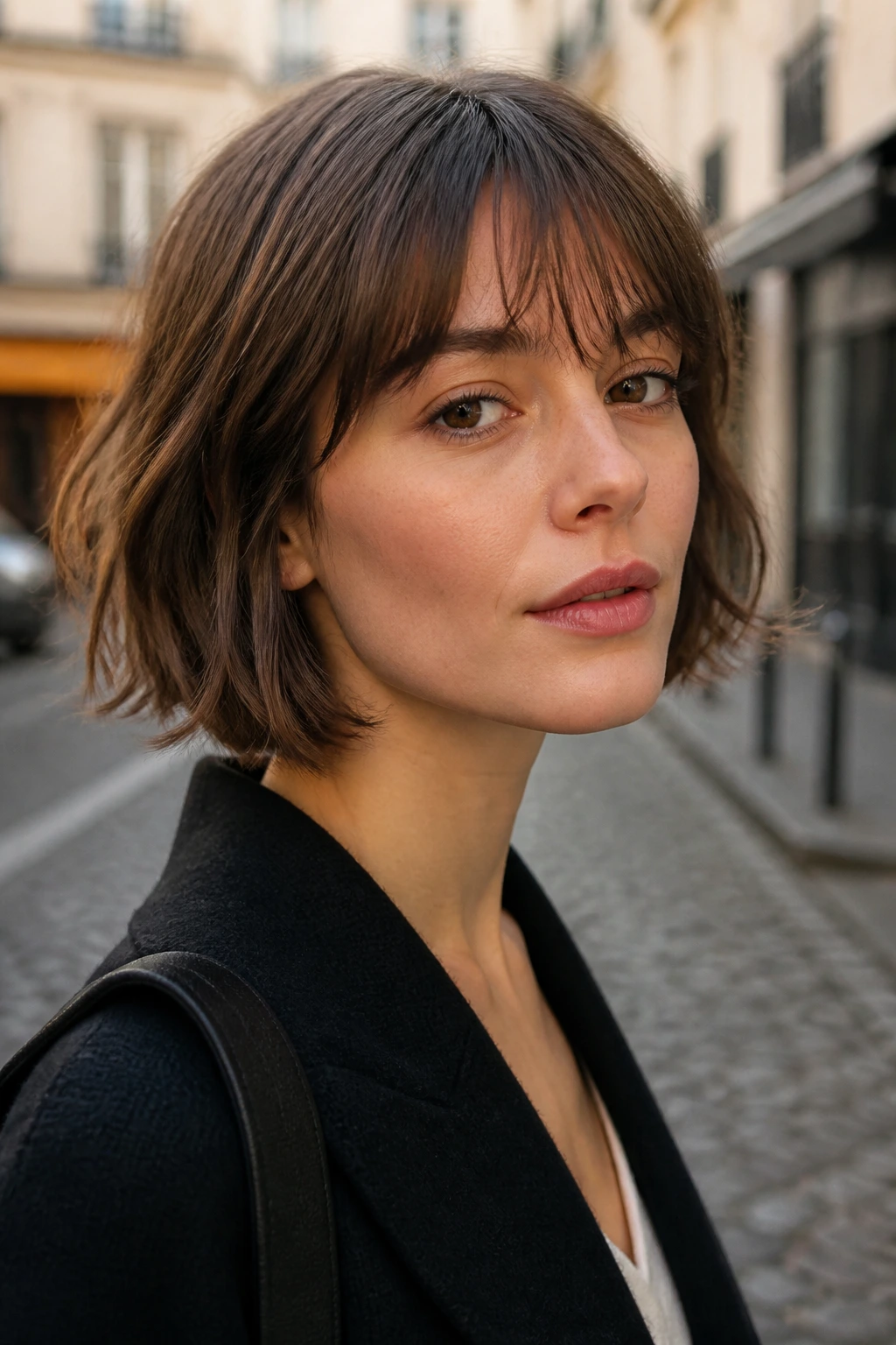 Close-up portrait of real person with French bob and wispy brow-grazing bangs